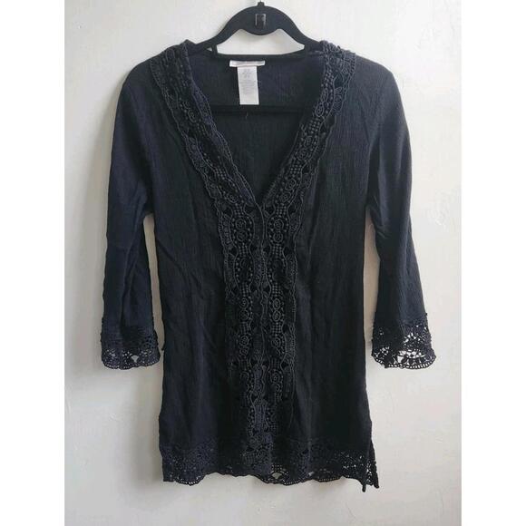 La Blanca Island Fare V Neck 3/4 Sleeve Cotton Tunic Black Swim Coverup Size XS - Picture 2 of 6